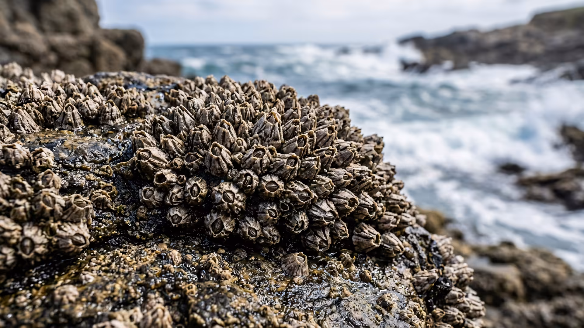 Barnacle attached to a marine surface, close detail